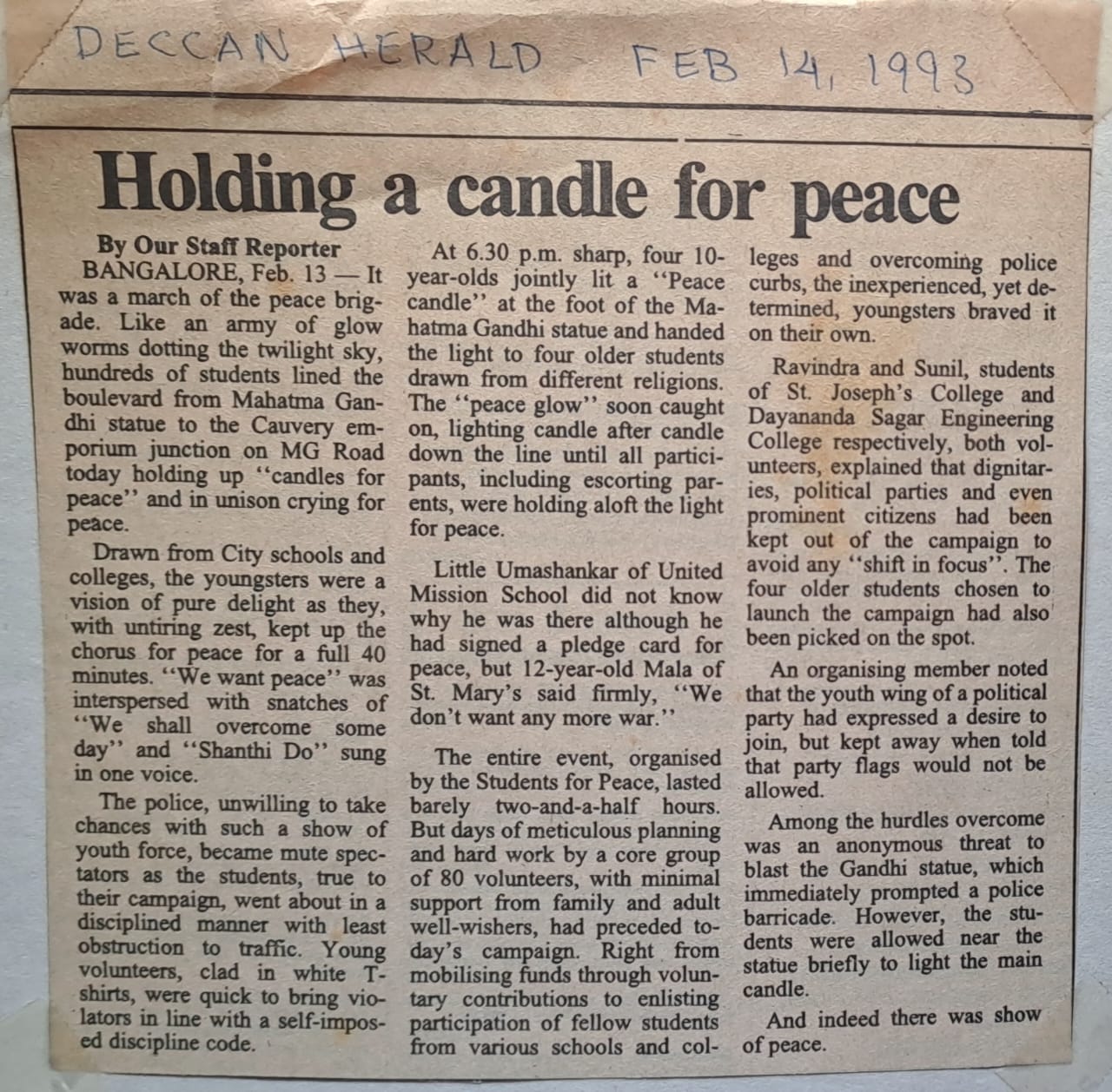 Deccan Herald clipping dated 14 February 1993 reporting on the Students for Peace candlelight demonstration held on M. G. Road, Bangalore.