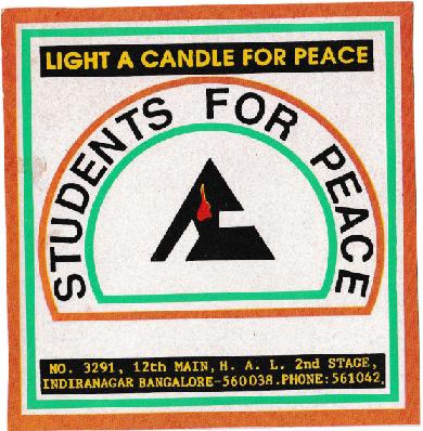 Students for Peace logo featuring the text 'Light a Candle for Peace' and the SFP emblem, Bangalore, 1993.