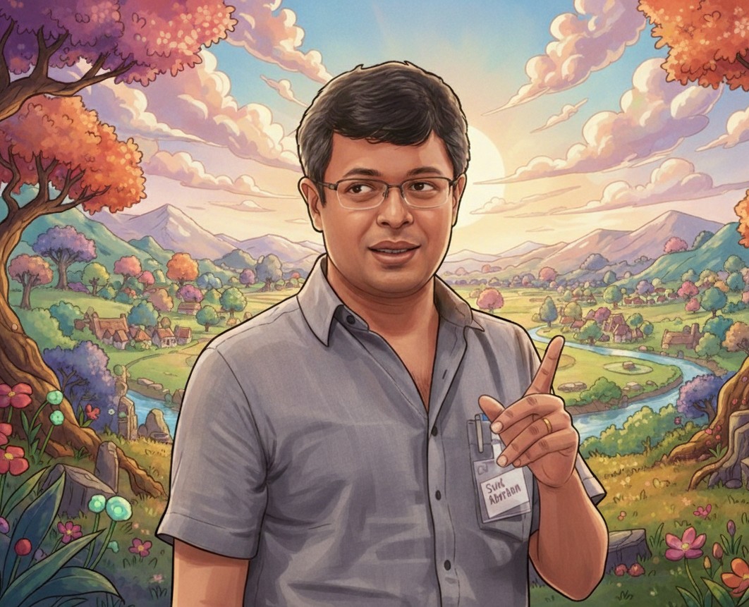 Illustration of Sunil Abraham in a gray shirt pointing upward, set against a colorful, idyllic, cartoon landscape with hills, a river, and a village.