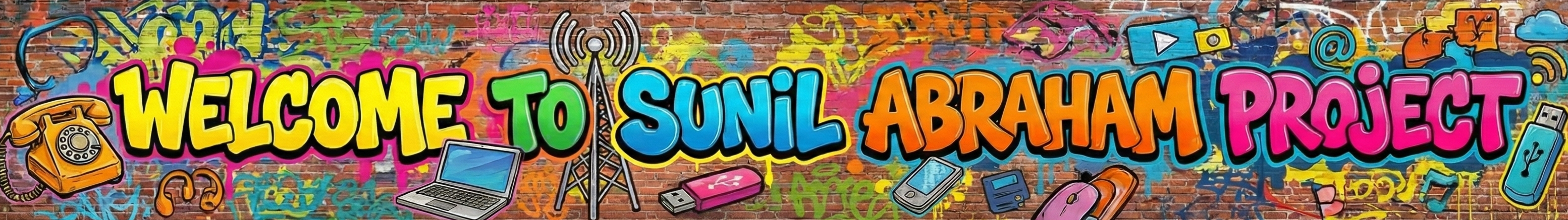 Graffiti mural banner for the Sunil Abraham Project showing colourful 1990s India technology icons like a rotary phone, wireless set, USB drive, laptop and communication tower painted on a brick wall background.