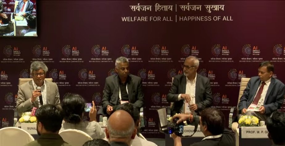 Sunil Abraham moderating Session B at India AI Impact Summit 2026 alongside Aditya Swamy, Akhil Choudhary and Prof. M. P. Gupta at Bharat Mandapam, 17 February 2026