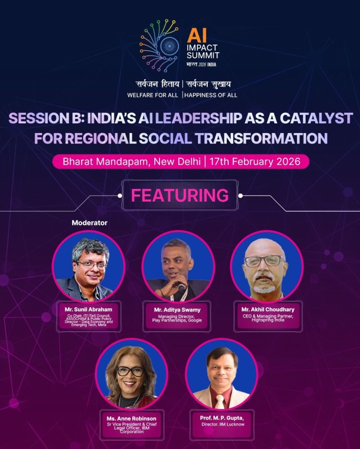 India's AI Leadership session poster featuring Sunil Abraham as moderator at India AI Impact Summit 2026